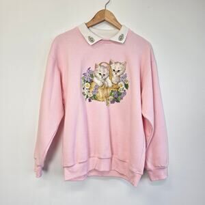 Vintage Anthony Richards Pink Kitten Cat Sweatshirt Peter Pan Collar Sz Medium